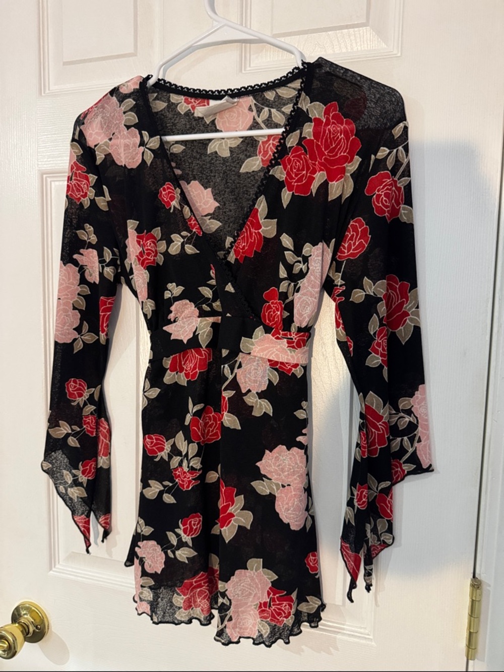 Vintage Bundle Of Joy Floral Wrap Dress - Black with Red & Pink Roses- Medium
